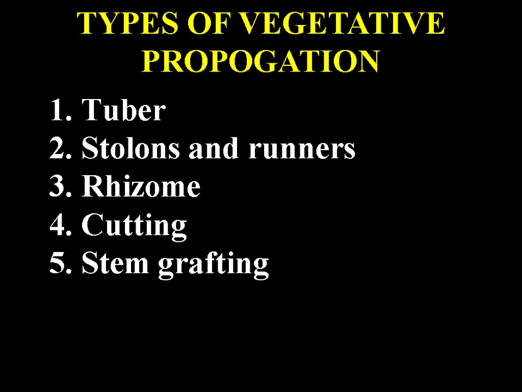 1. Tuber 2. Stolons and runners 3. Rhizome 4. Cutting 5. Stem grafting TYPES